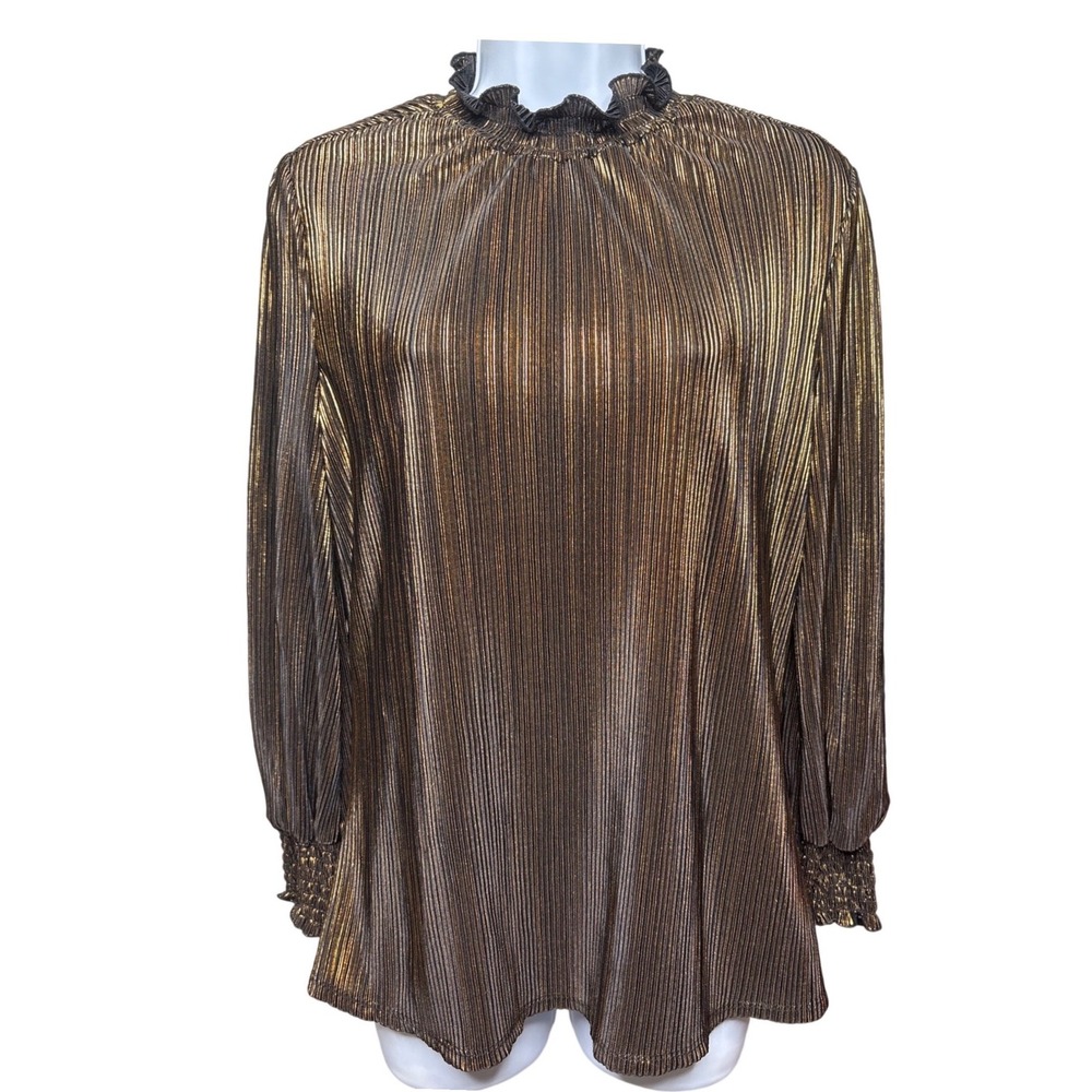 ALEX & PARKER Gold Metallic Pleated Blouse M Smocked High Neck Disco-Glam Retro